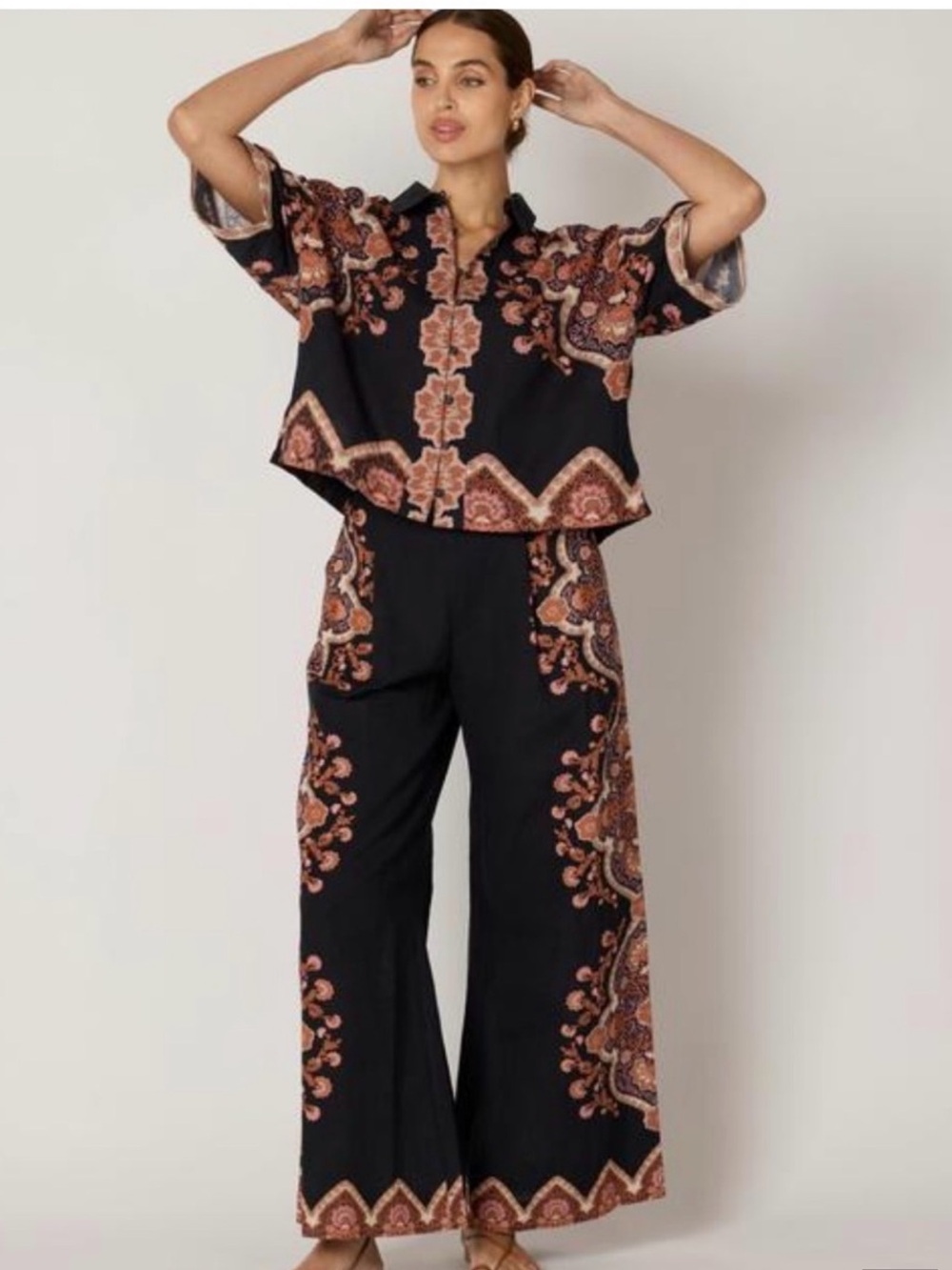 Cleobella Dark Lagos Wide-Leg Pants and Button Shirt Set with Rust Paisley Print